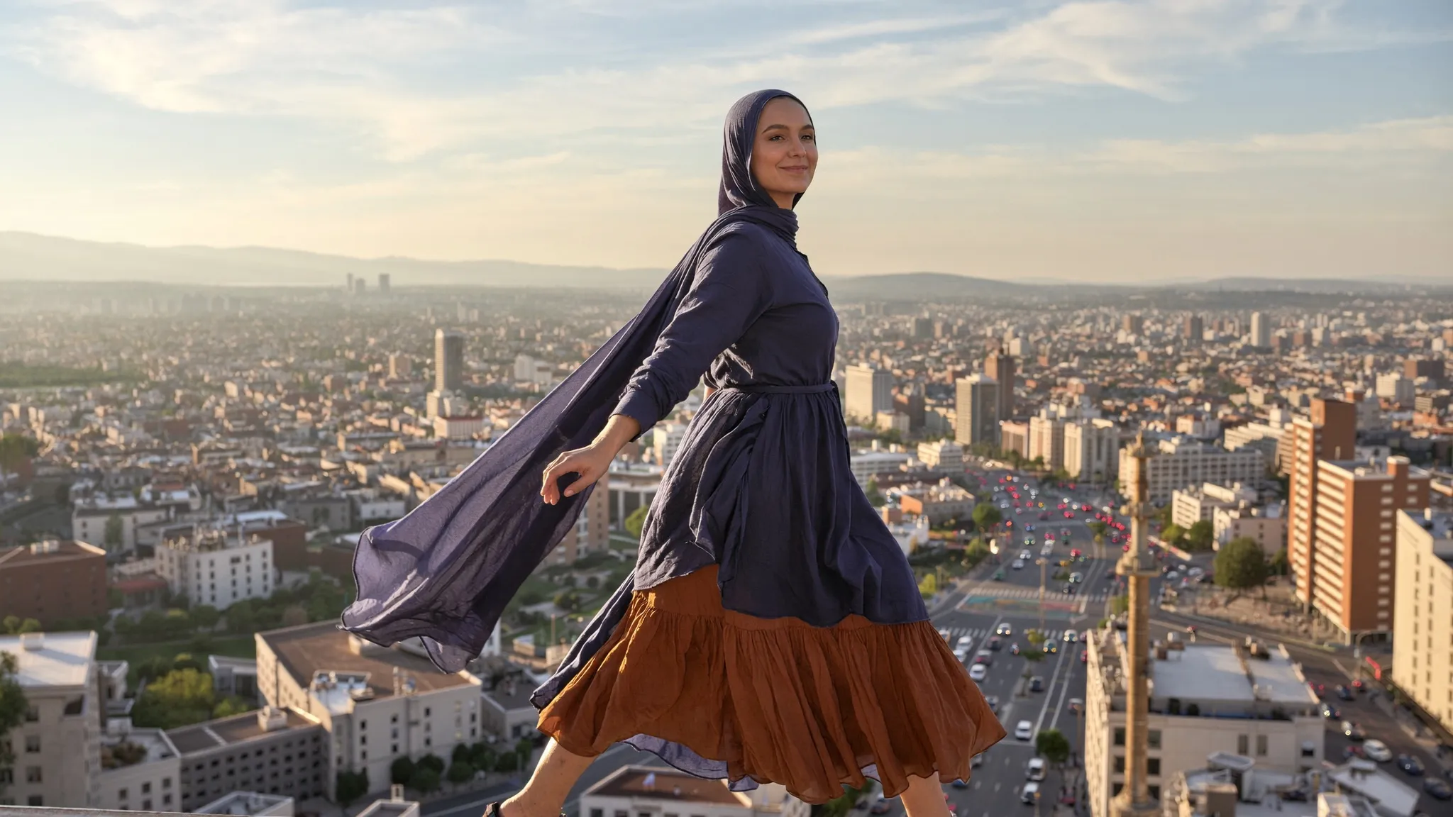 Humna Raza mid-stride on a rooftop above the city, scarf catching the wind.