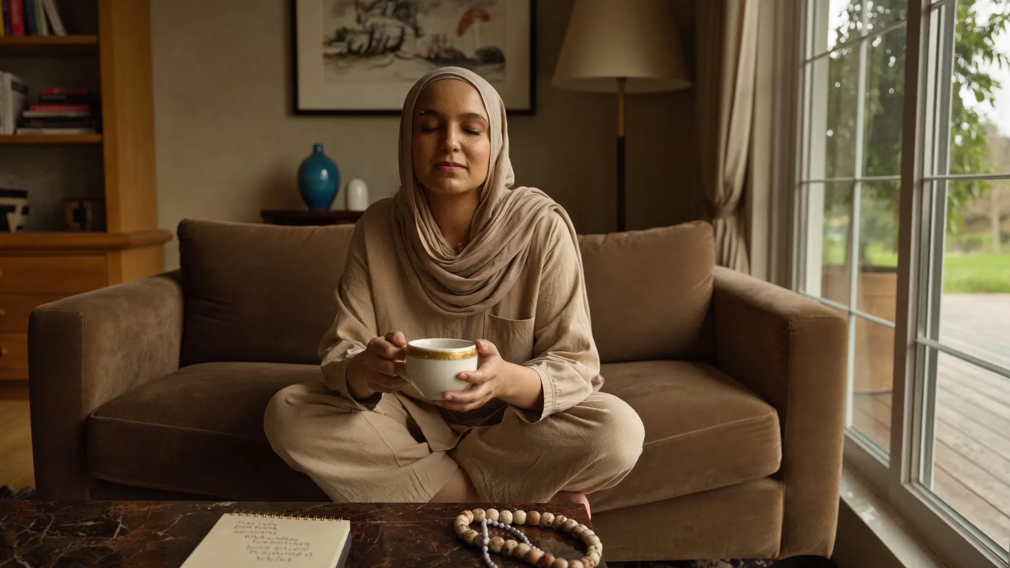 Humna Raza cross-legged on a sofa with a cup of tea, a notebook and prayer beads on the table.